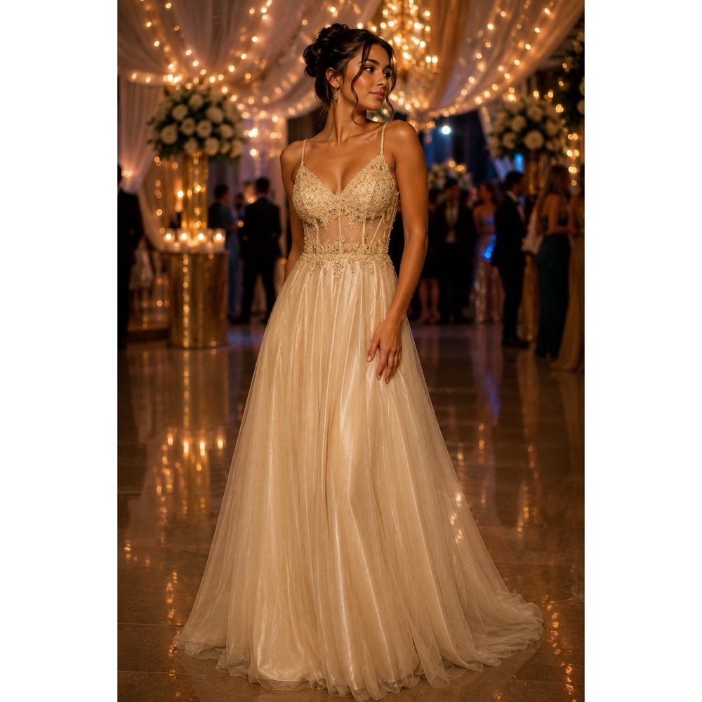 Blondie Nites by Stacy Sklar Champagne Beaded Prom Dress 7 Fairycore Formal Gown